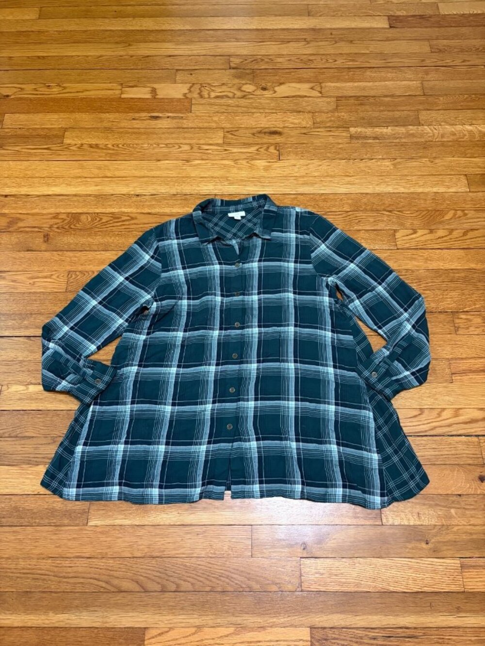 J. Jill Womens Tunic Button Down Top Size PM Medium Petite Green Rayon Flannel